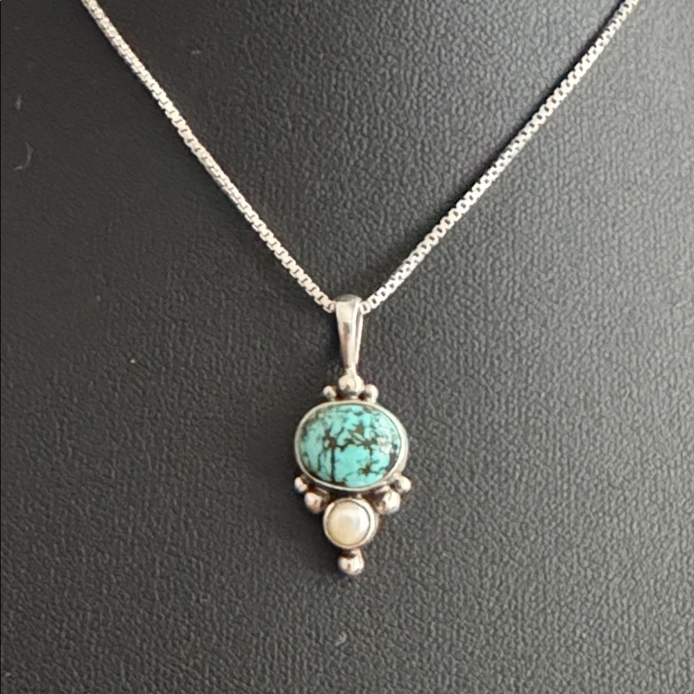 Sterling Silver Turquoise & Pearl Navajo Style Pendant on 18.25” Chain
